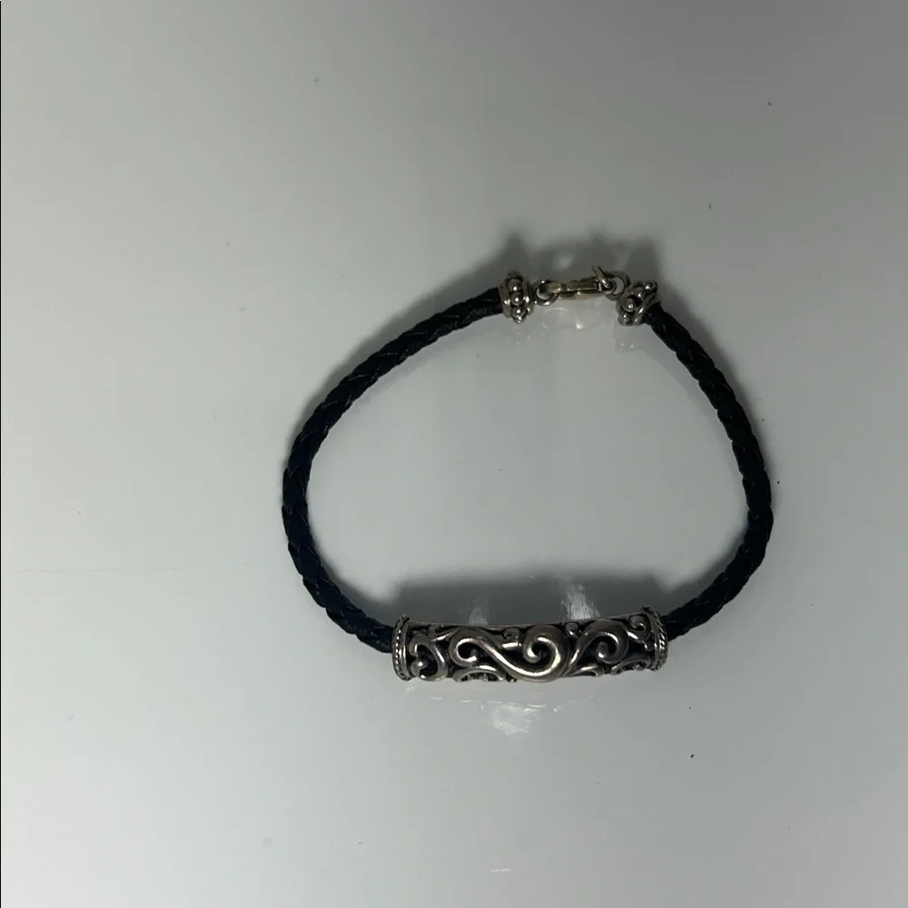 NWOT Carolyn Pollack Sterling Silver Scroll Slide On Braided Leather Bracelet